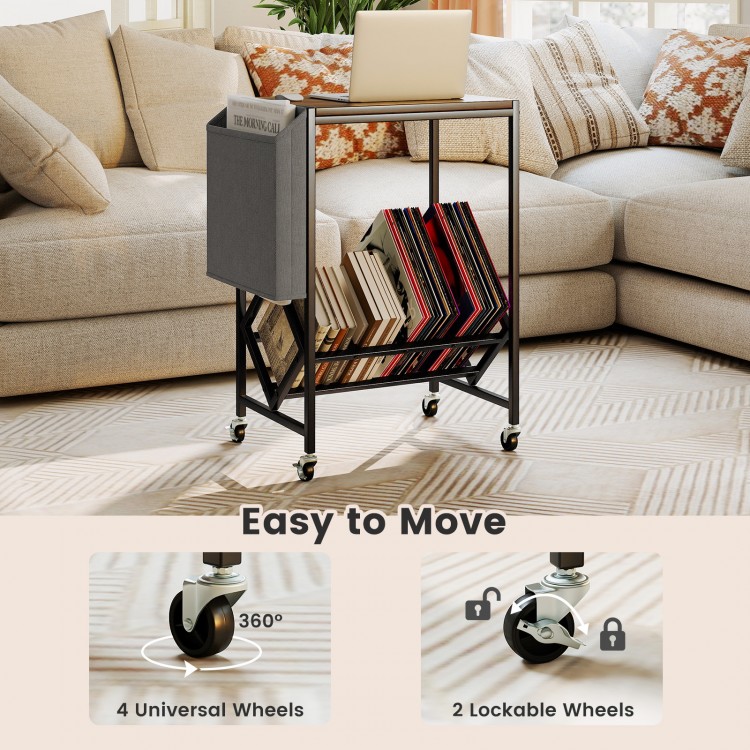 Rolling record player stand with vinyl storage, rustic brown finish, and 4 wheels for easy movement and stability.