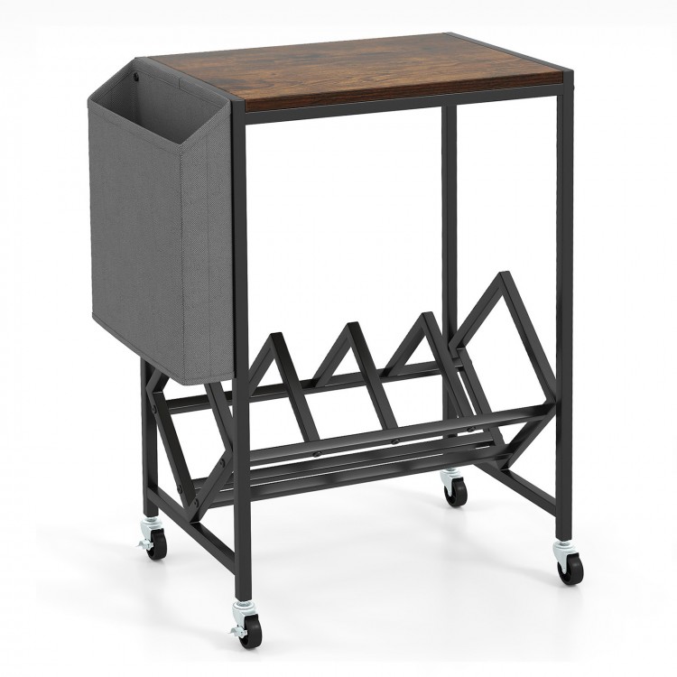 Rolling record player stand with sturdy metal frame, featuring a magazine holder pouch and smooth-rolling wheels for.