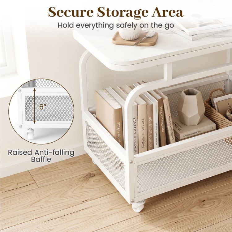 Rolling side table features a 31.5" faux marble top and a breathable metal mesh basket for secure storage.