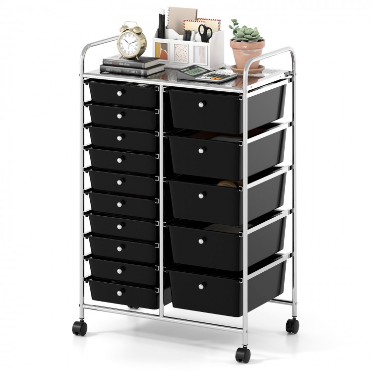 15-drawer rolling storage cart with chrome-plated metal frame, black drawers, ideal for home or classroom organization.