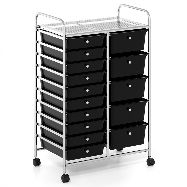 Rolling storage cart with 15 black drawers and chrome-plated metal frame, ideal for home or classroom organization.