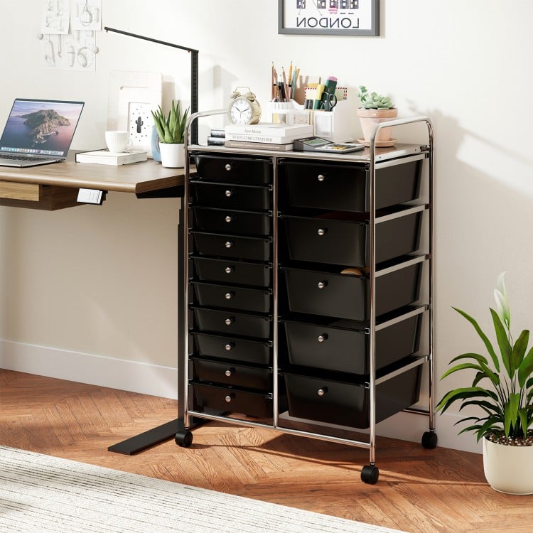 Rolling storage cart featuring a chrome-plated metal frame and 15 black drawers, easily movable with universal wheels.