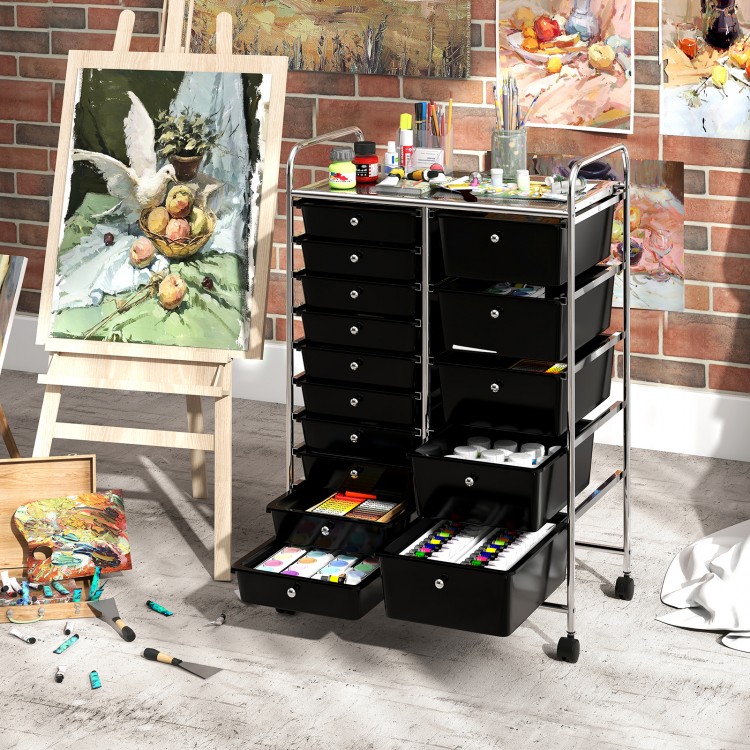 Rolling storage cart with 15 black drawers and chrome-plated frame, ideal for organizing art supplies in any space.