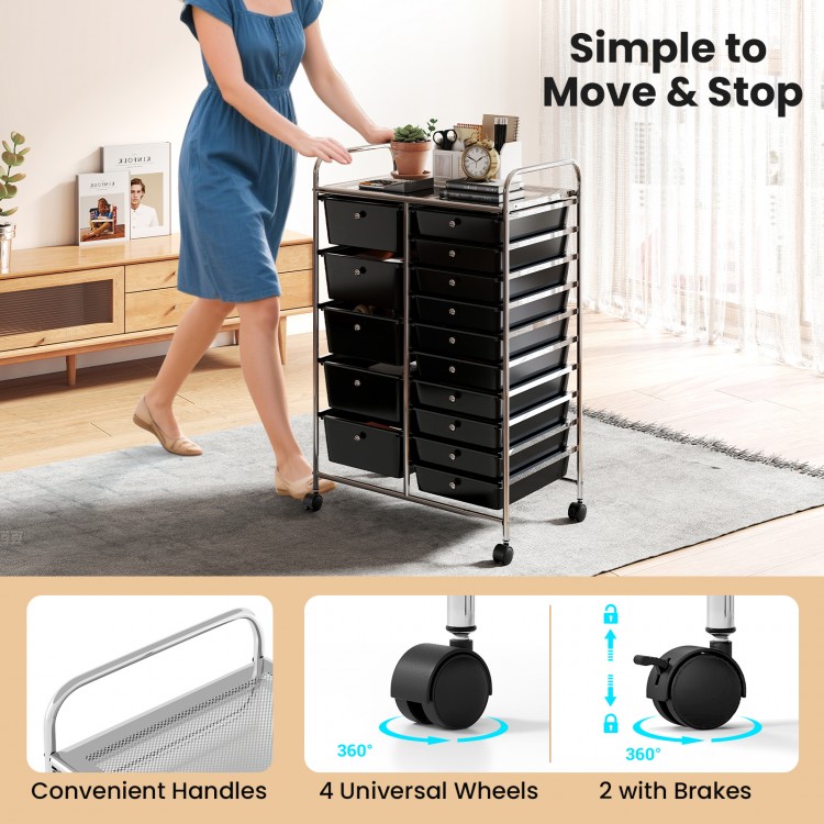 Rolling storage cart with 15 black drawers and chrome-plated metal frame, featuring convenient handles and wheels for.