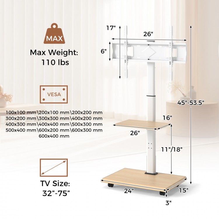 Mobile TV cart on wheels for 32-75 inch TVs, showcasing a close-up of the height adjustment mechanism and storage shelf.