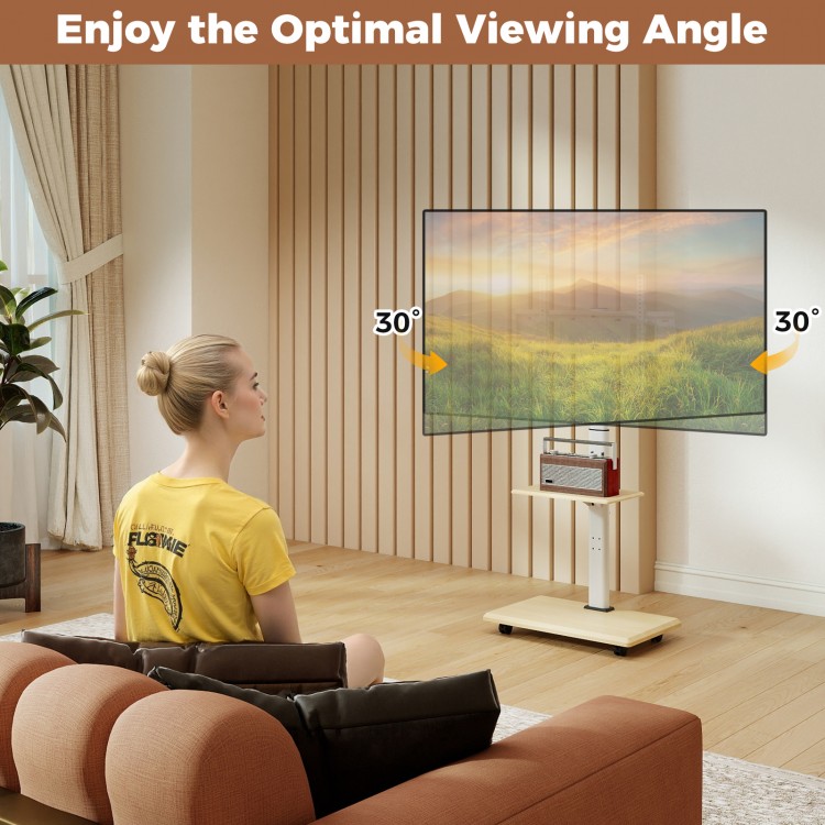 Rolling TV stand on wheels for 32-75 inch TVs, featuring a ±30° tilt mount and height-adjustable design for optimal.