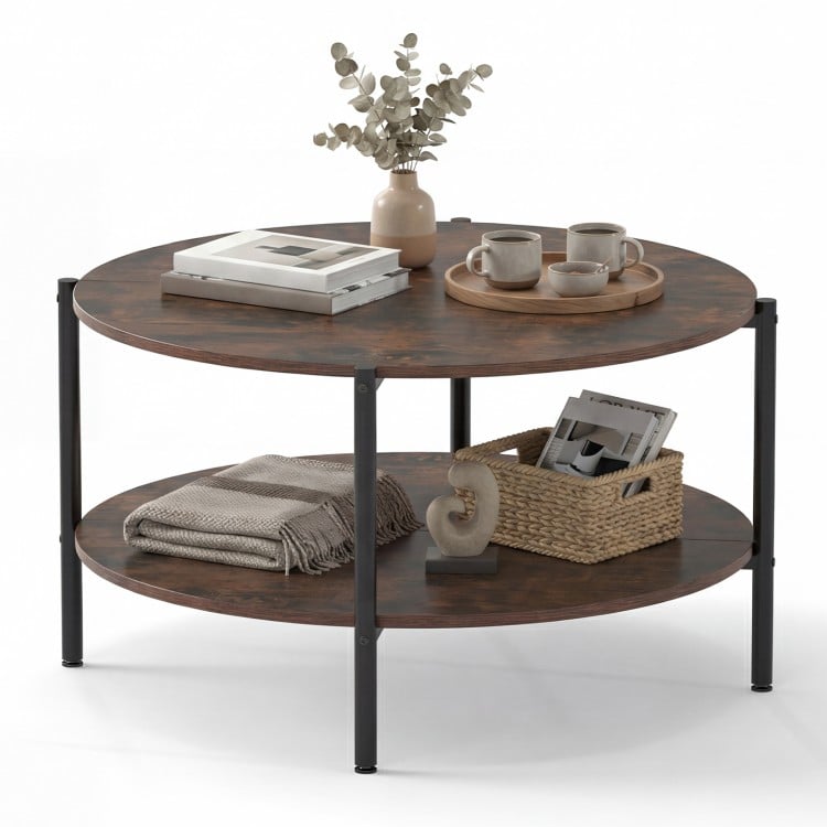Round coffee table with rustic brown finish, featuring a spacious top and open storage shelf for living room essentials.