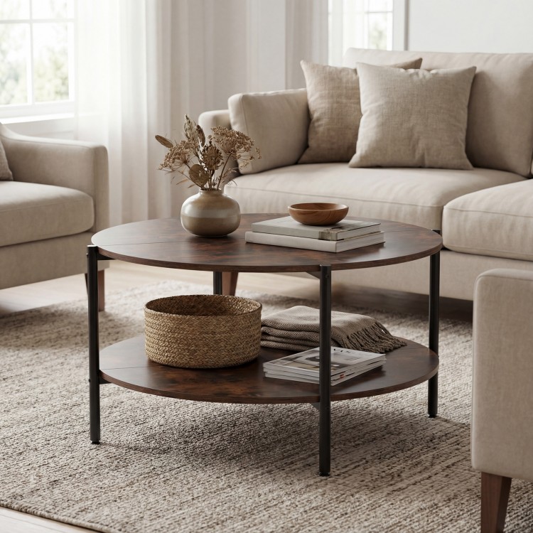 Round coffee table with rustic wood grain, showcasing a sturdy cross-shaped structure and ample clearance for easy.
