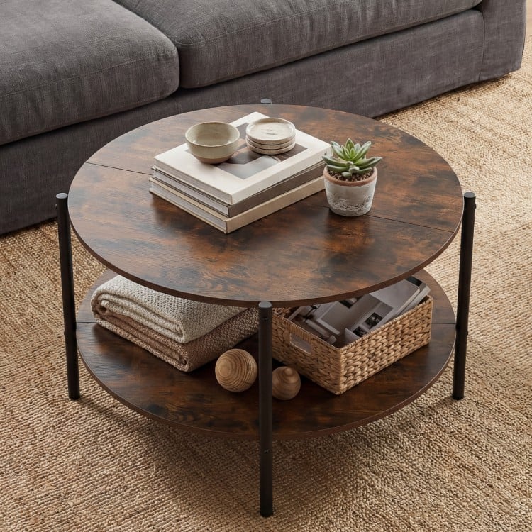 Round coffee table with rustic brown wood grain, showcasing a sleek finish and safe round edges for a modern living.