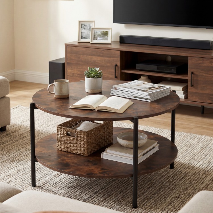 Round coffee table in rustic brown with open storage shelf, ideal for living room essentials and easy maintenance.