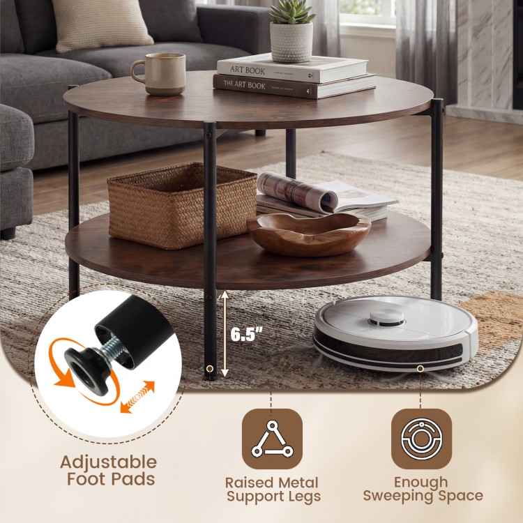 Round coffee table with rustic brown finish, featuring a 2-tier design and adjustable metal legs for stability and.