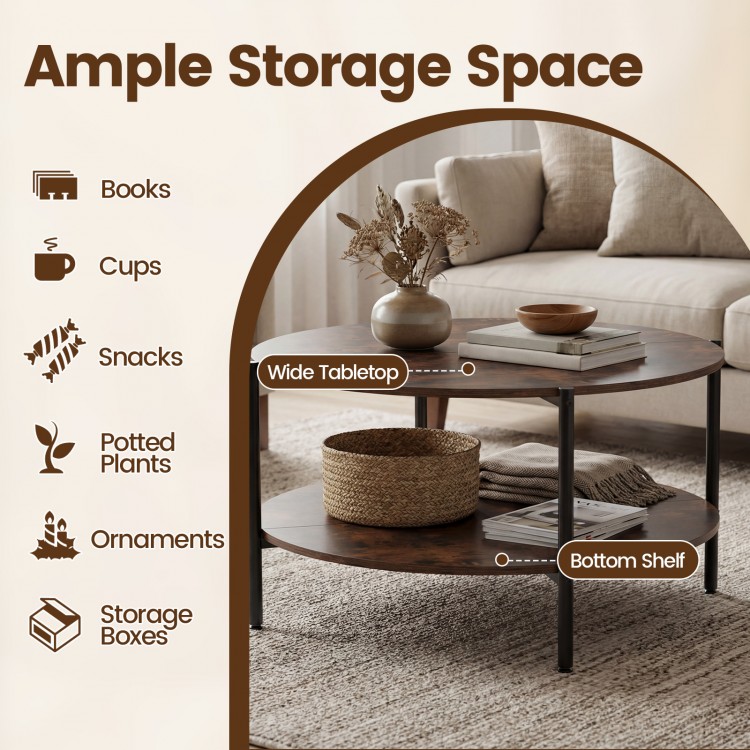 Round coffee table with rustic brown finish, featuring a spacious tabletop and bottom shelf for ample storage in living.