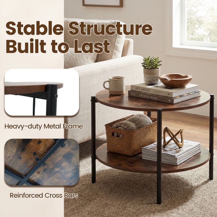 Round coffee table in rustic brown showcasing a sturdy metal frame and cross bars, perfect for stylish storage in any.