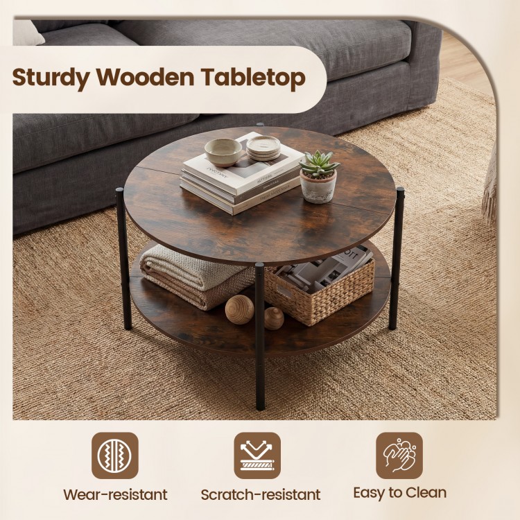 Round coffee table with a durable wooden tabletop and an open shelf, perfect for storing magazines and decor in style.