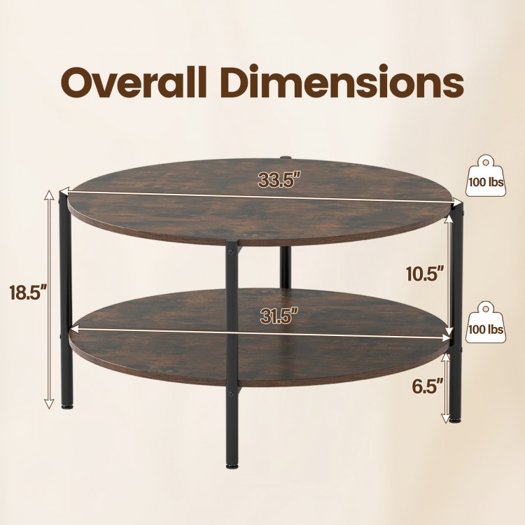 Round coffee table dimensions chart showing a 2-tier design, rustic brown finish, and sturdy metal legs for stability.