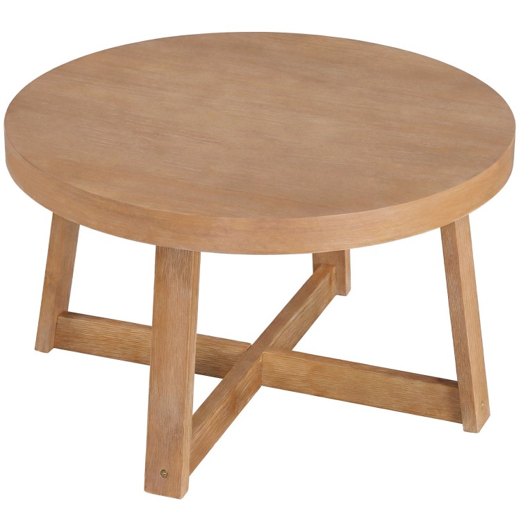 Round coffee table with sturdy rubber wood legs, 30-inch tabletop, perfect for living room organization and rustic.