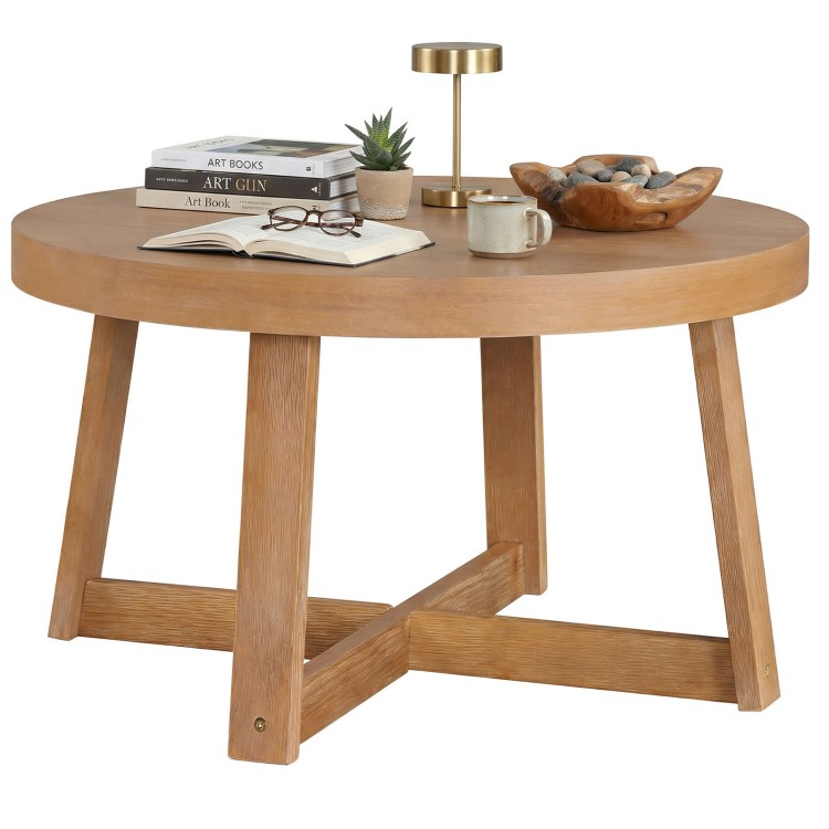 Round coffee table with sturdy rubber wood legs, 30-inch tabletop, perfect for living room organization and style.