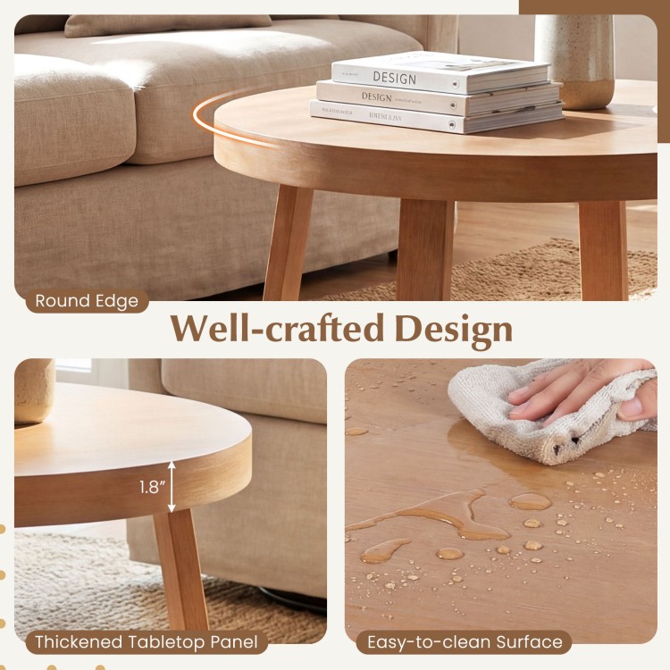 Round coffee table with 30" thick wooden top and rubber wood legs, featuring easy-to-clean surface for living room use.