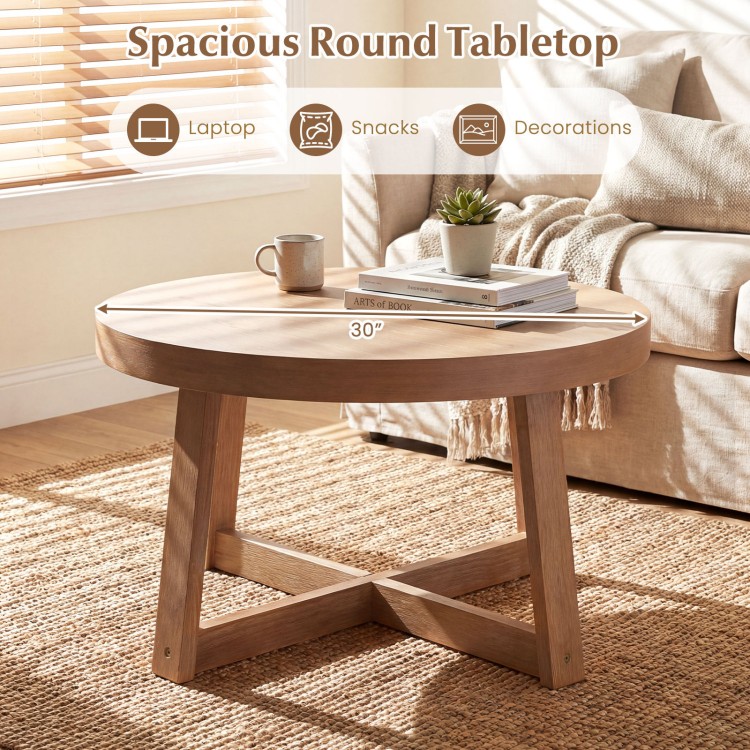 Round coffee table with 30" wooden tabletop and sturdy rubber wood legs, perfect for living room decor and organization.