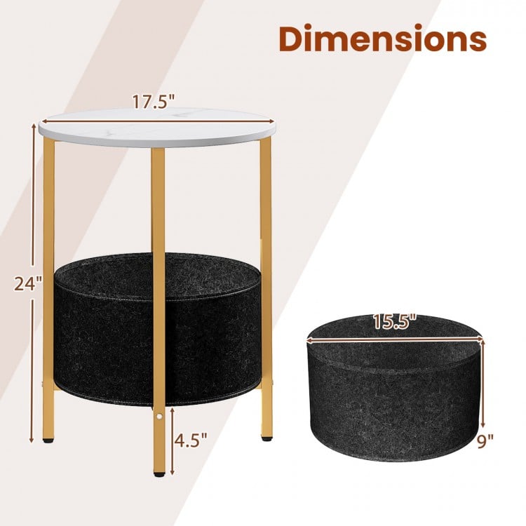Round end table with a white top, metal frame, and removable black felt basket, ideal for living rooms and bedrooms.