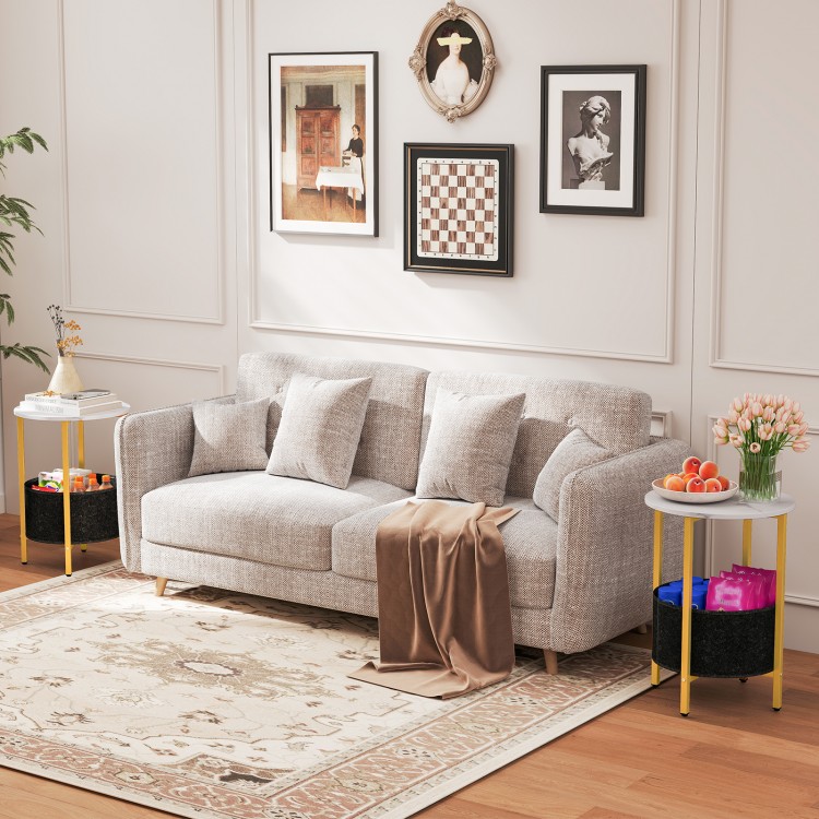 Round end table with removable fabric basket and metal frame, ideal for living rooms and bedrooms.