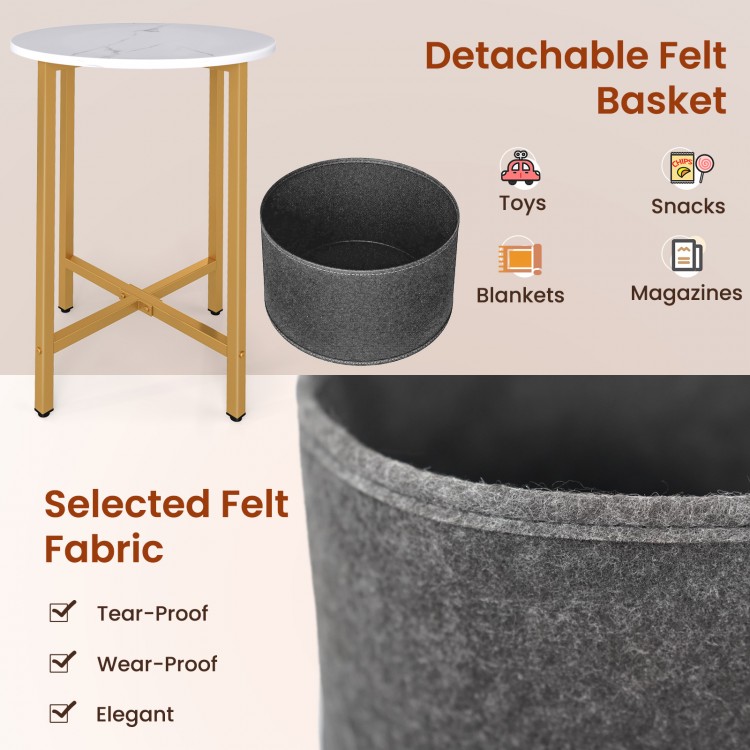 Round end table with white top and metal frame, featuring a removable tear-proof felt basket for storage.
