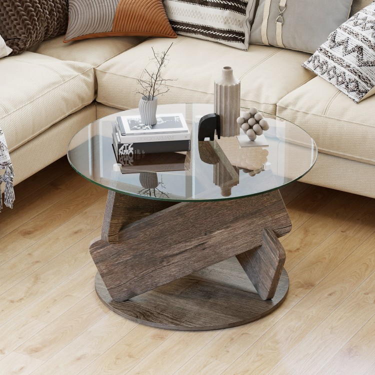 Round glass coffee table with a gray wooden base, featuring a tempered glass top, ideal for modern living spaces.
