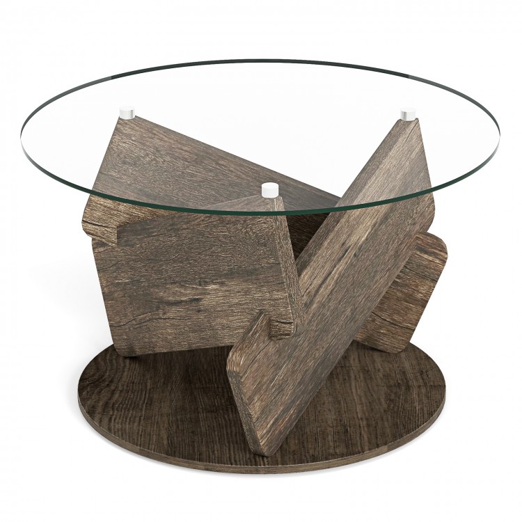 Round coffee table featuring a unique geometric gray rubberwood design with a 32-inch tempered glass top for modern.