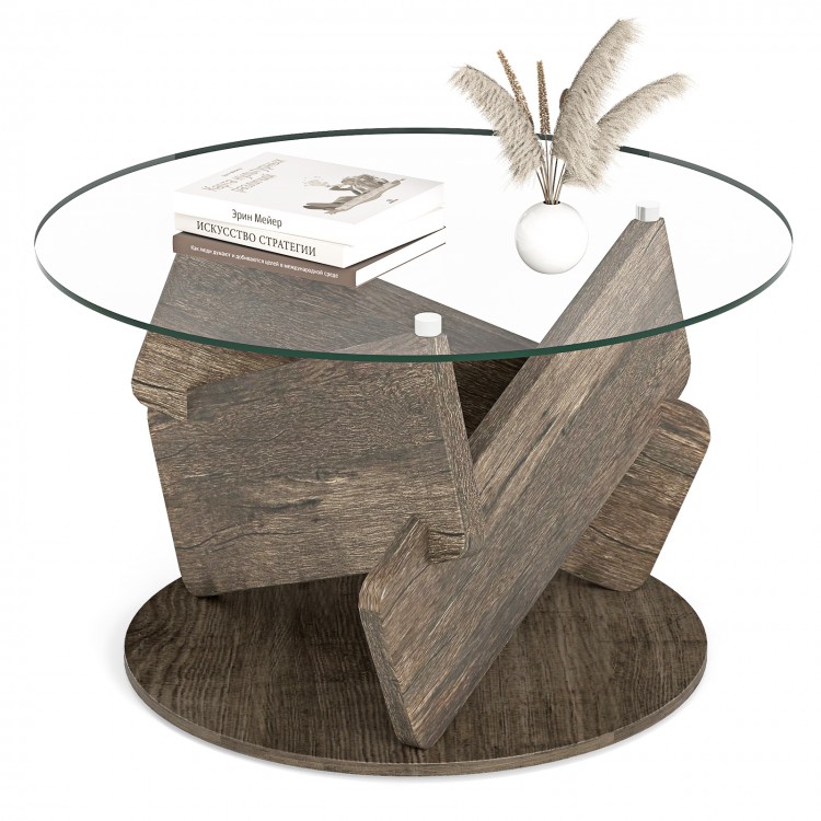 Round glass coffee table with a gray rubberwood base, featuring a tempered glass top, ideal for modern living spaces.