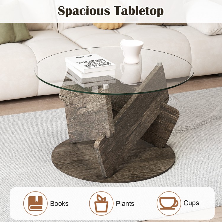 Round glass coffee table with a gray rubberwood base, featuring a spacious tempered glass top for stylish living room.