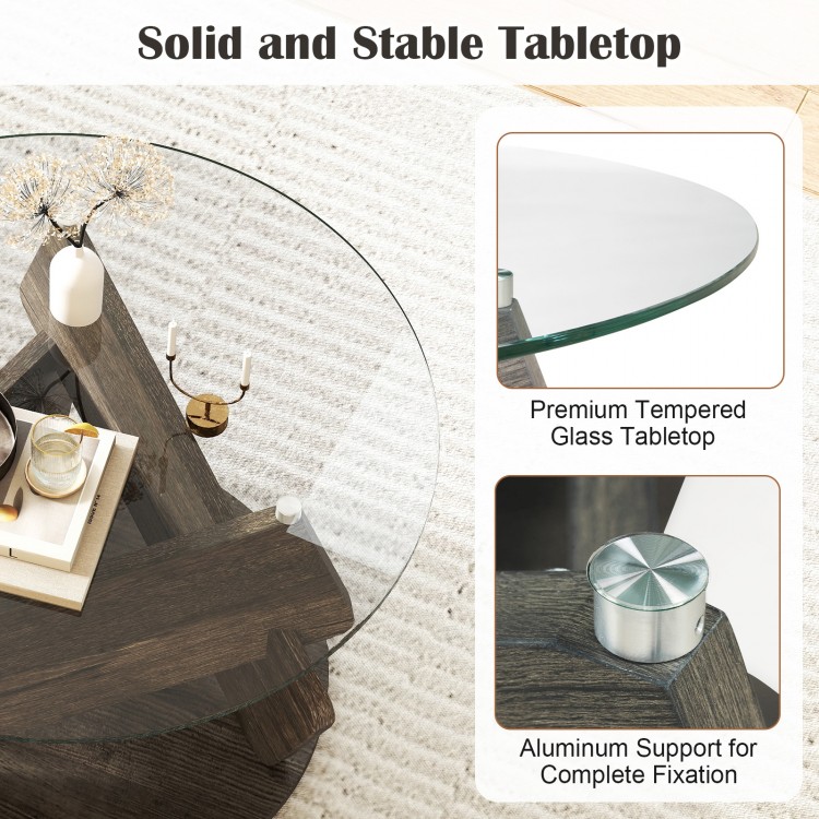 Round glass coffee table with a 32-inch tempered glass top and gray rubberwood base, ideal for modern living spaces.