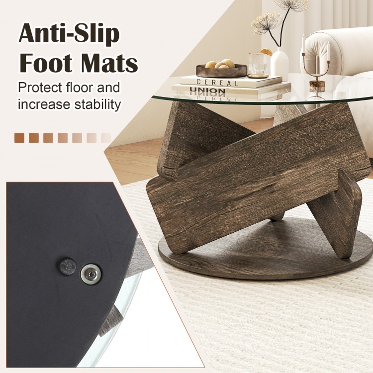 Round glass coffee table with a gray rubberwood base, featuring anti-slip foot mats for stability in any small space.