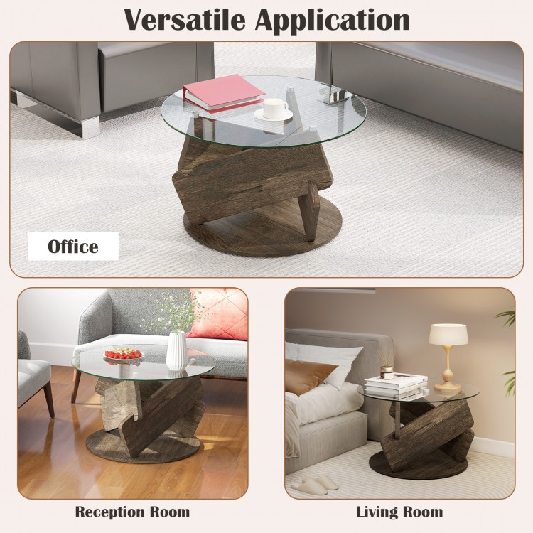 Round glass coffee table with a gray rubberwood base, ideal for office or living room use, featuring a stylish design.