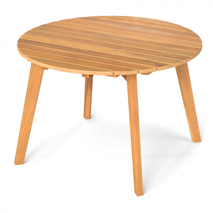Round outdoor side table made of acacia wood with a slatted tabletop, perfect for patio or garden use.