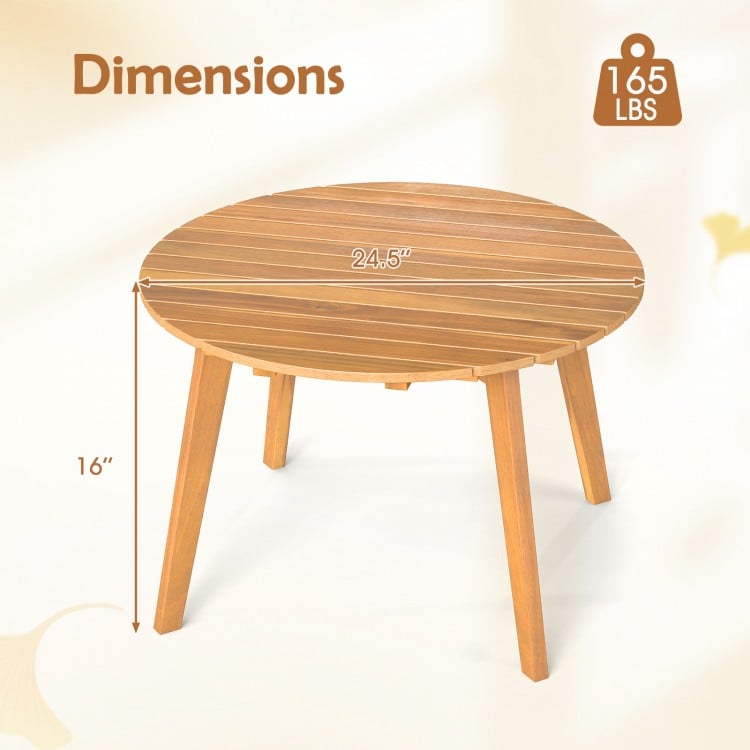 Round outdoor acacia wood side table with slatted tabletop, dimensions 24.5" diameter and 16" height, ideal for patios.