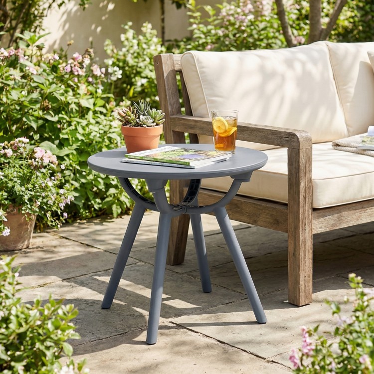 Round patio storage side table in gray, featuring a spacious 20" tabletop, ideal for poolside or balcony use.