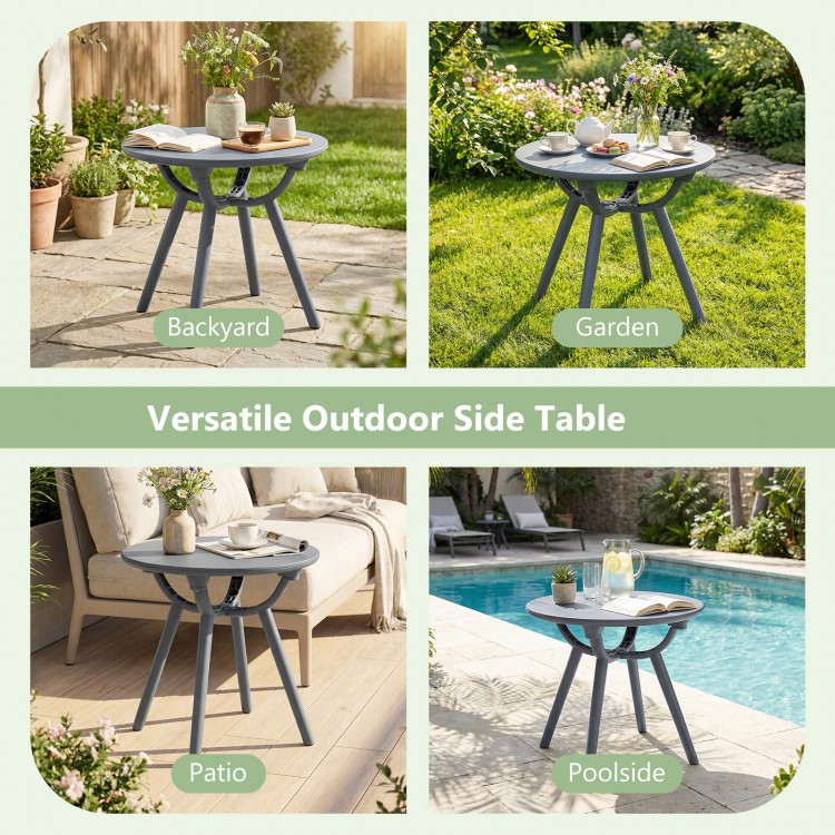 Round patio storage side table in gray, perfect for poolside or garden use, featuring a spacious 20" tabletop.