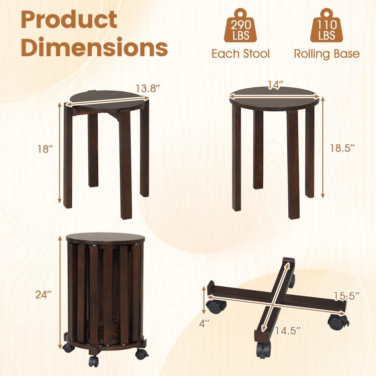 Round portable wood nesting stools with locking casters in walnut, featuring stackable design and sturdy rubber wood.