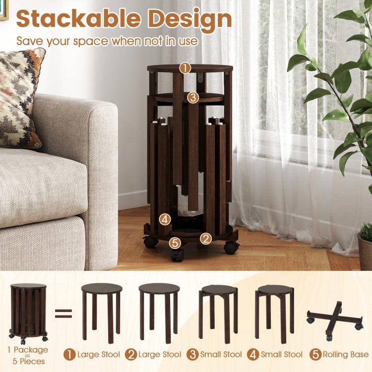 Round portable wood nesting stools in walnut finish with locking casters, ideal for small spaces and easy mobility.