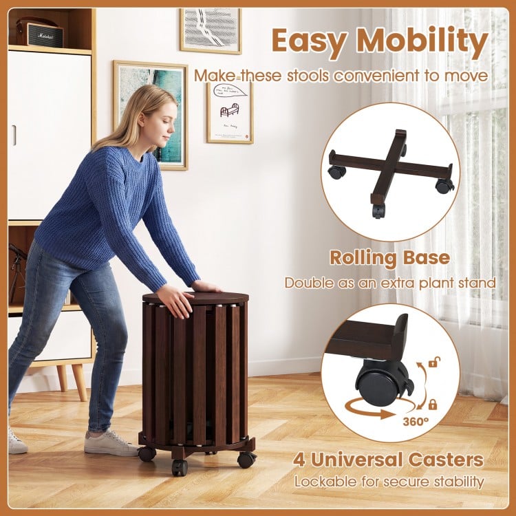 Round portable wood nesting stool in walnut with locking casters, ideal for easy mobility and space-saving in small.