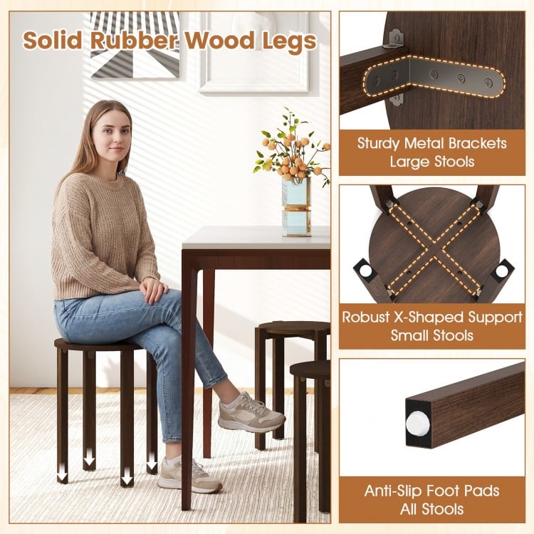 Round portable wood nesting stools with solid rubber wood legs and locking casters, perfect for small spaces and easy.