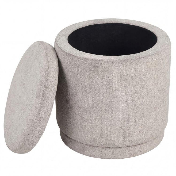 Round beige storage ottoman with removable lid, acacia wood frame, and 7.7-gallon capacity for versatile use.