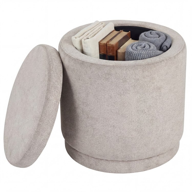 Beige round storage ottoman with removable lid, featuring soft chenille fabric and hidden storage for organizing your.