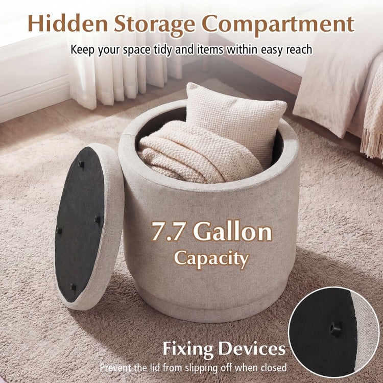 Round storage ottoman in beige with removable lid, 7.7-gallon capacity, and acacia wood frame for versatile use.