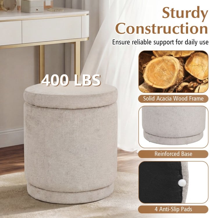 Round storage ottoman in beige with acacia wood frame, removable lid, and 400 lbs capacity for versatile use.