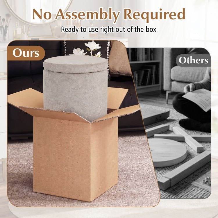 Round storage ottoman in beige with removable lid, showcasing no assembly required and a sturdy acacia wood frame.