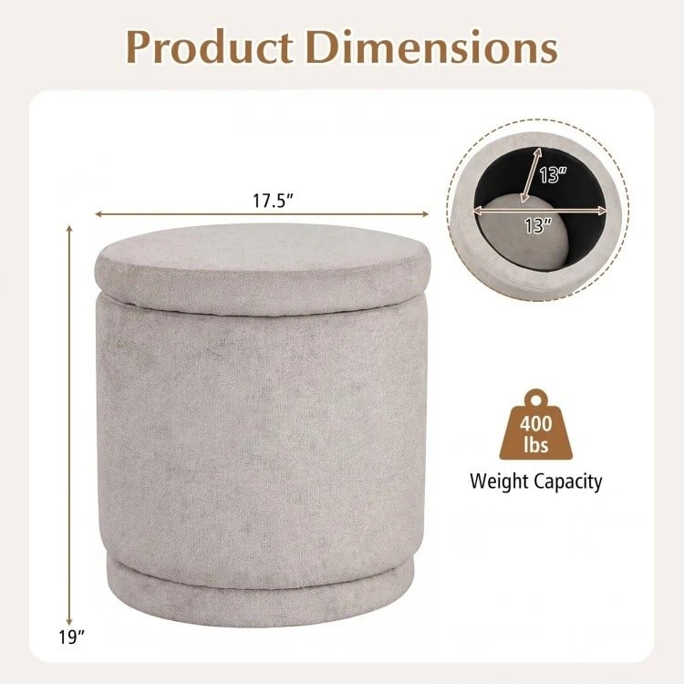 Round beige storage ottoman with removable lid, acacia wood frame, and 400 lbs capacity for versatile use.