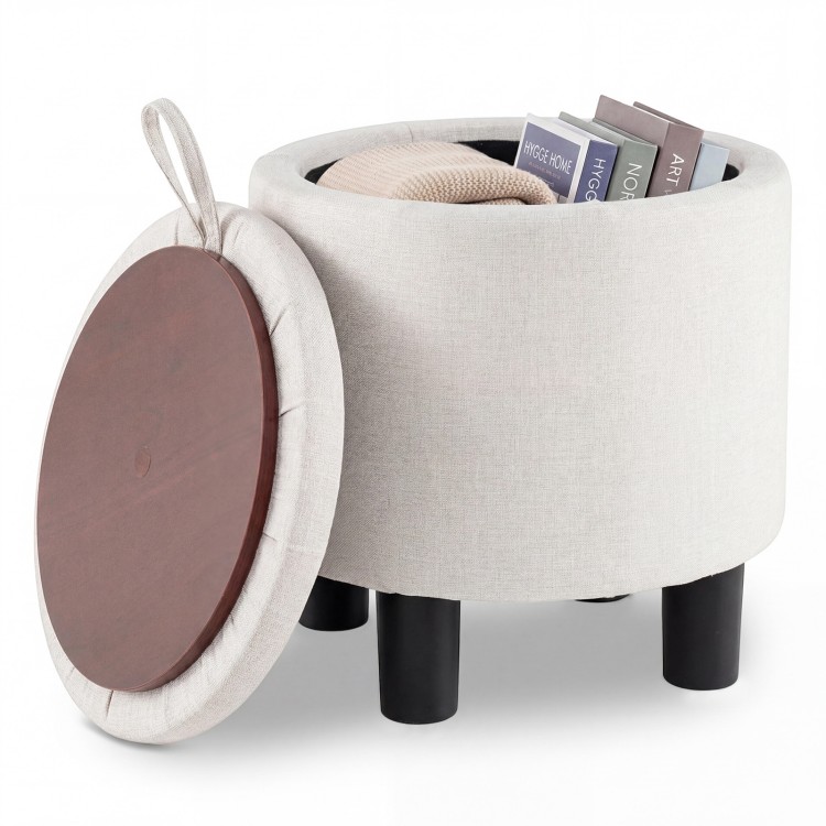 Round beige storage ottoman with removable lid, upholstered in linen fabric, perfect for storing blankets and books.