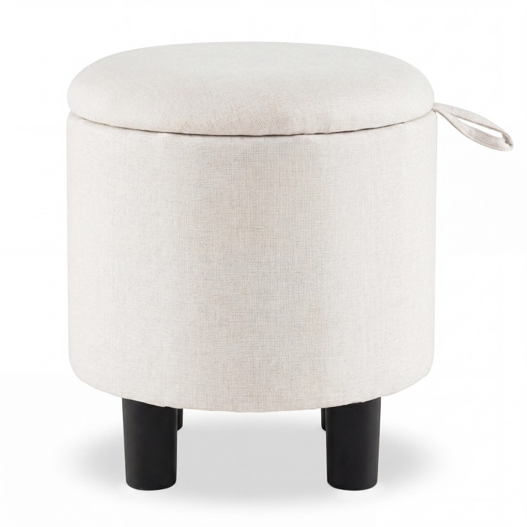 Round beige storage ottoman with removable lid, upholstered in linen fabric, ideal for living room or bedroom use.