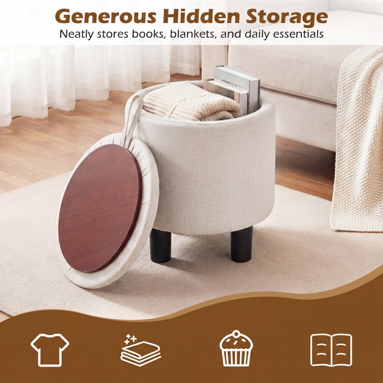 Round beige storage ottoman with removable lid, perfect for storing blankets and books in any living room or bedroom.